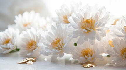 White chrysanthemums with gold-speckled centers, delicately laid on a pristine marble surface. Wedding or bridal card, glamorous wallpaper texture, condolences card with copy space. 