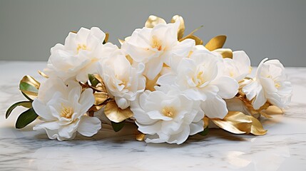 White gardenias with gold-dusted petals, forming an ornate arrangement on the marble's cold surface. Glamour wedding background, bridal card, condolences, floral exclusive wallpaper texture. 