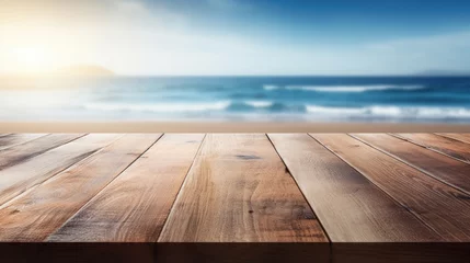 Foto op Canvas Empty wood plank table top with blur blue ocean and bokeh light. Mock up for display or montage of product. Banner or header for advertise on social media. © red_orange_stock