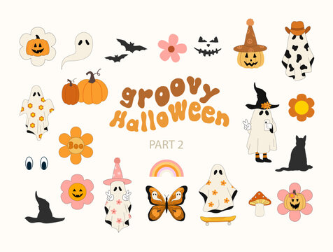 Groovy Halloween. Retro groovy Halloween cliparts. Hippie vintage style. Ghost, mushroom, pumpkin. Vector