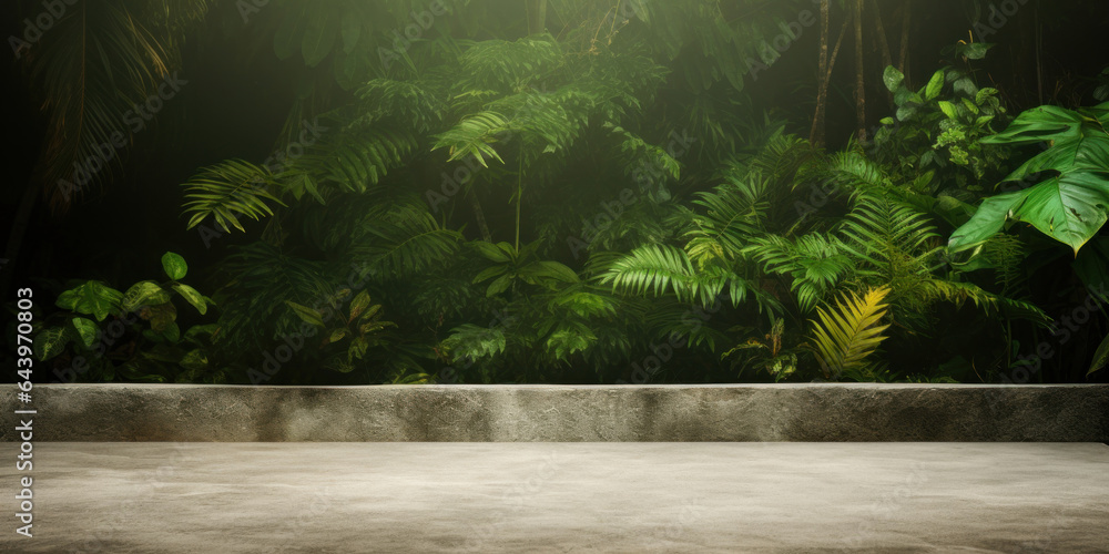 Poster empty cement texture table with jungle blur background