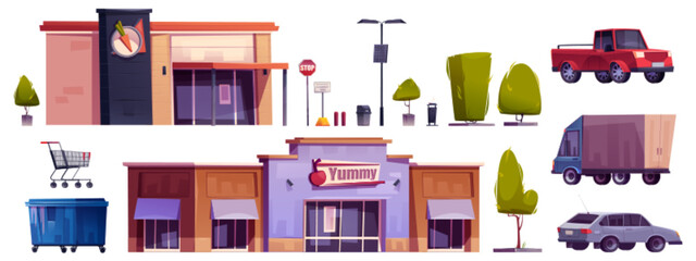 Supermarket building with car parking exterior set. Isolated outside mall facade clipart with truck, tree, cart and stop sign. Urban hypermarket storefront design near road outdoor png illustration