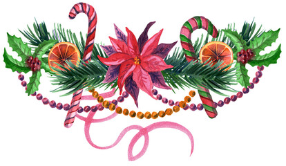 Christmas decoration with pink poinsettia, pine tree