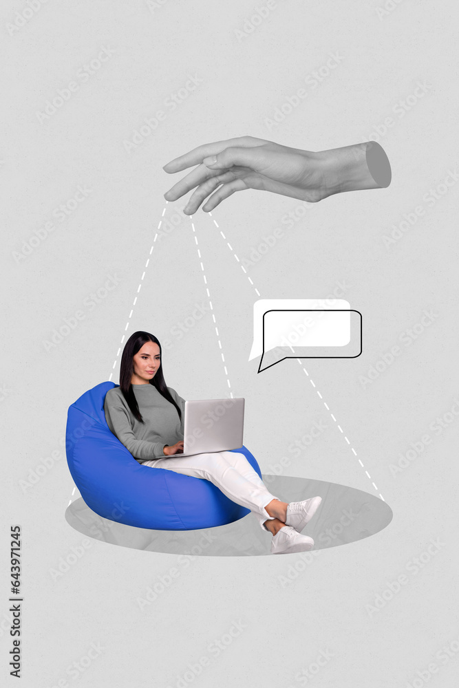Poster collage abstract image of successful worker on bean bag writing sending sms copyspace textbox isolat