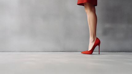 women's feet in red high-heeled shoes on a gray background