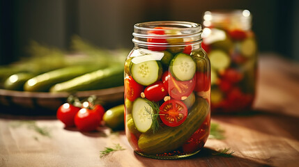 cucumbers and tomatoes pickled in a jar, blanks home supplies