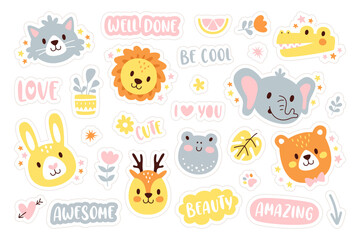 Childish animal colorful sticker and lettering inscription for messaging and communication set