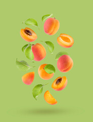 Juicy orange apricot with pink side, green leaves as flow fly or fall as art composition. Whole,...