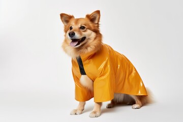 Environmental portrait photography of a happy finnish spitz barking wearing a raincoat against a white background. With generative AI technology