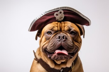 Obraz premium Environmental portrait photography of a cute chinese shar pei dog licking face wearing a pirate hat against a white background. With generative AI technology
