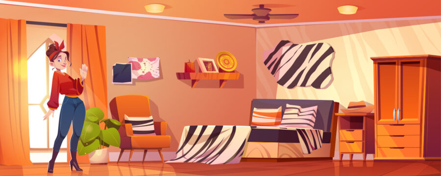 Young woman in exotic safari style bedroom. Vector cartoon illustration of female traveler standing in room decorated with striped zebra pattern textile, souvenirs on shelf, wooden wardrobe and drawer