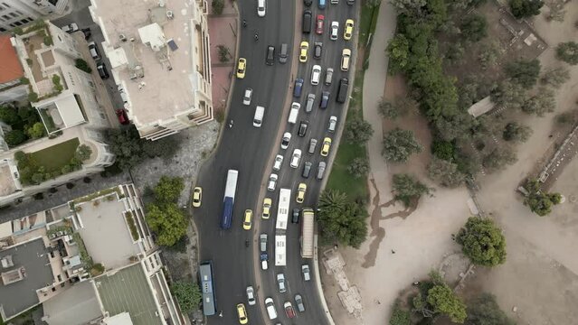 Cinematic Aerial Top Down City Traffic, Cars, Motorbikes, Morning Traffic Jam, Athens, Greece