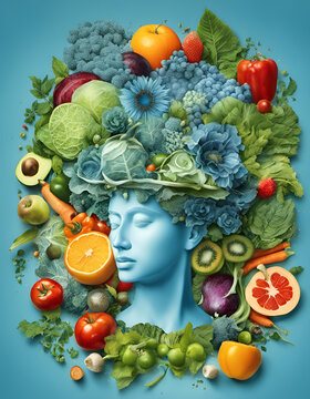 Visage humain avec fruits et l&eacute;gumes, bienfaits des fruits et l&eacute;gumes sur la sant&eacute;, m&eacute;tabolisme, nutrition, alimentation, forme physique, sant&eacute;, vitamines, m&eacute;decine - IA g&eacute;n&eacute;rative