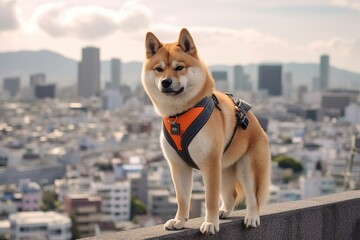 Lifestyle portrait photography of a curious akita fetching wearing a cooling vest against a vibrant city skyline. With generative AI technology