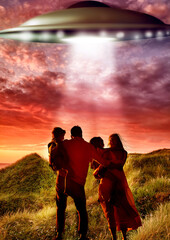 Back, alien and flying ufo with a family outdoor in nature together during an invasion or spaceship...