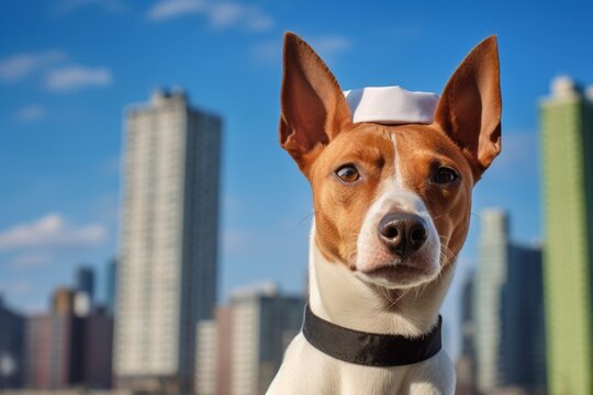Headshot portrait photography of a curious basenji dog fetching ball wearing a chef hat against a vibrant city skyline. With generative AI technology