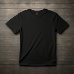 A full black blank t shirt mockup, dark background, structure