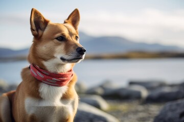 Medium shot portrait photography of a curious norwegian lundehund chewing bones wearing a bandana against a tranquil ocean backdrop. With generative AI technology