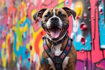 Group portrait photography of a smiling boxer dog winking wearing a harness against a colorful...