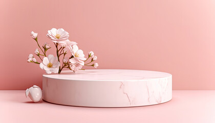 A Cherry Blossom  in Full Bloom on a Marble Pedestal

