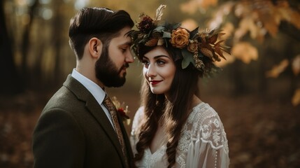 Wedding autumn photoshoot with a boho bride and groom in the forest