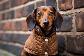 Medium shot portrait photography of a cute dachshund licking face wearing a sherpa coat against a vintage brick wall. With generative AI technology