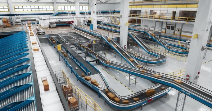Timelapse Establishing Footage in a Modern Automated Logistics Center with Conveyor Belt System with Retail Parcels, Cardboard Boxes and Online Shopping Orders Being Prepared for Shipping to Clients