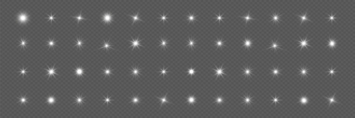 Glare set. Flashes of rays of light. The effect of glow, radiance, shine. Collection of various glowing sparks, stars. On a transparent background.