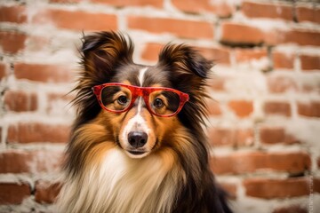 Lifestyle portrait photography of a cute shetland sheepdog leaping wearing a hipster glasses against a vintage brick wall. With generative AI technology