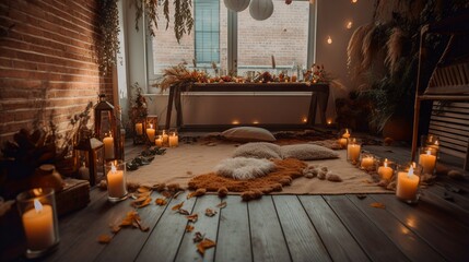 Fototapeta na wymiar Cozy autumn decor with warm lights, candles and boho carpets 