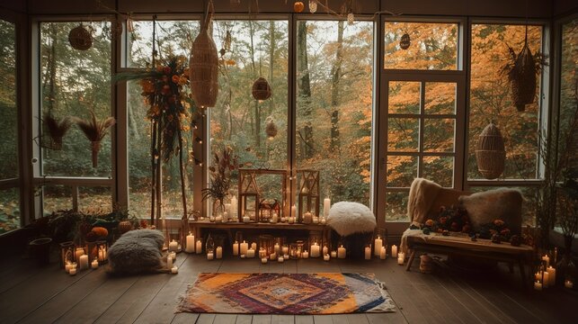 Boho fall wedding decoration with dried flowers and candles 