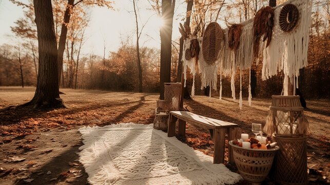 Comfy and warm autumn decor in the forest 
