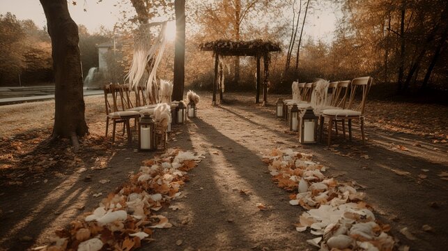 Bohemian cozy wedding ceremony decor in autumn season 
