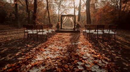 Warm and cosy wedding ceremony setup in the woods with fallen leaves 