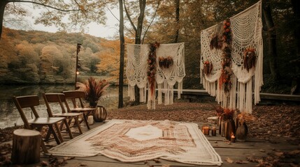 Vintage and bohemian autumn wedding decoration in the forest with macrame