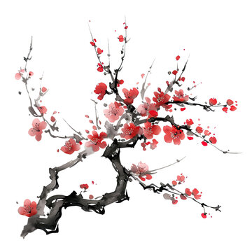 Traditional ink painting style sakura tree branches, Beautiful pink cherry blossom, spring flowers.