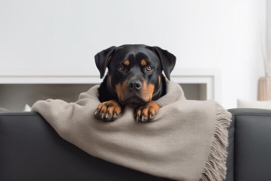 Photography in the style of pensive portraiture of a happy rottweiler lifting paw wearing an anxiety wrap against a modern minimalist interior. With generative AI technology