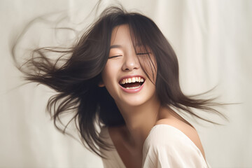 Fototapeta premium A content young woman, wrapped in earth tone attire, green gray and brown, bursts into laughter against a studio backdrop. Her carefree expression radiates warmth and comfort. Generative AI