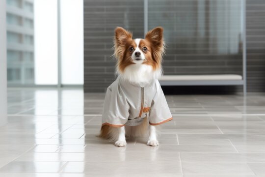 Lifestyle portrait photography of a funny papillon dog showing belly wearing a raincoat against a modern minimalist interior. With generative AI technology