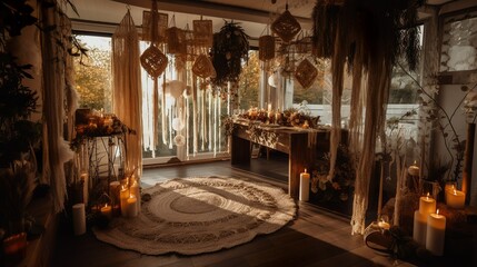 Obraz premium Boho style warm and cosy wedding ceremony fall decor with macrame and fallen leaves 