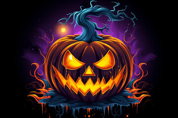 gruselig leuchtender Halloween K&uuml;rbis mit Lichteffekten. Happy Halloween. Querformat. Generative Ai.