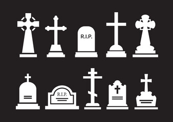 Gravestone and tombstone silhouettes. Tomb stone and headstone. Isolated vector white memorial markers, representing lives lived and paying homage to the departed. Rip granite plates and crosses set