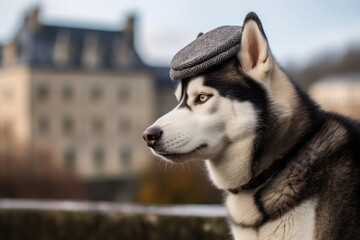 Environmental portrait photography of a cute siberian husky drooling wearing a beret against a historic castle backdrop. With generative AI technology
