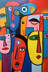 Colourful group of diverse painted faces gathered in an abstract scene of individuals adorned with striking colors. Masked people in diversity in the style of vibrant abstract expressionism.