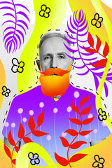 Composite collage image of old handsome retired man barbershop trendy stylist flowers blooming blossoming springtime flora