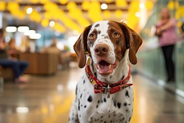 Group portrait photography of a funny brittany dog barking wearing a polka dot bandana against a busy airport terminal. With generative AI technology - obrazy, fototapety, plakaty