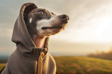 Lifestyle portrait photography of a smiling italian greyhound dog leaning on people wearing a fluffy hoodie against a quiet countryside landscape. With generative AI technology