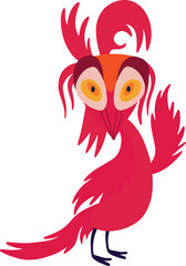 A funny strange fairy red bird. Illustration in childish style
