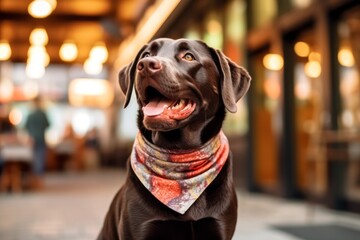 Medium shot portrait photography of a happy labrador retriever licking lips wearing an anxiety wrap...