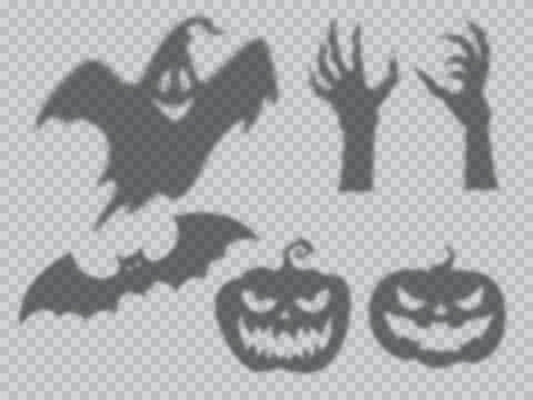 Halloween shadow overlay of ghost, pumpkin and bat and zombie monster, vector silhouette icons. Halloween holiday cartoon overlay shadow of scary pumpkin lantern, flying boo poltergeist and dead hands